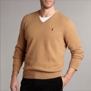 Polo Ralph Lauren V Neck Sweater in Tan Red Logo